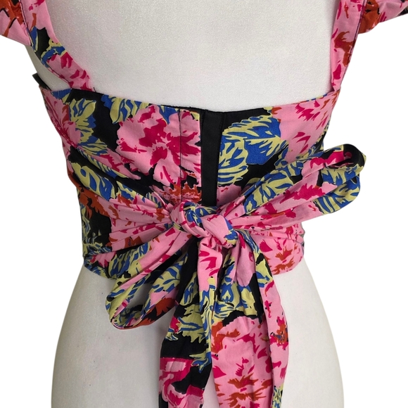 Forever 21 Floral Ruffle Sleeve Crop Top Corset Back With Tie Size XS - Picture 7 of 9
